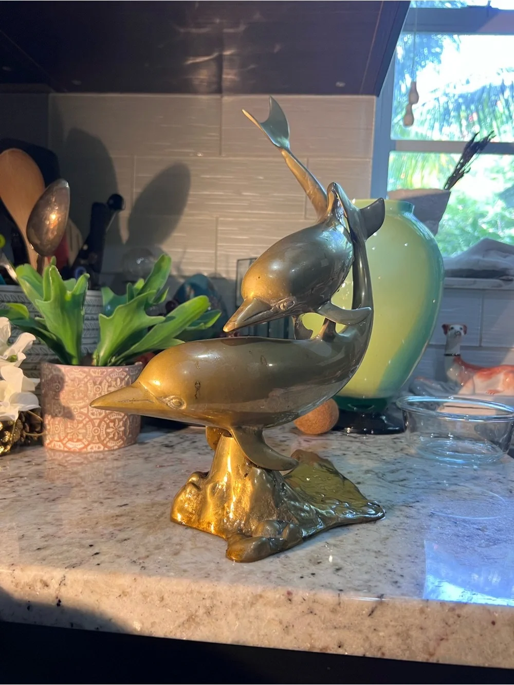 Mid Century Golden Brass Dolphin Duo Sculpture Tall!